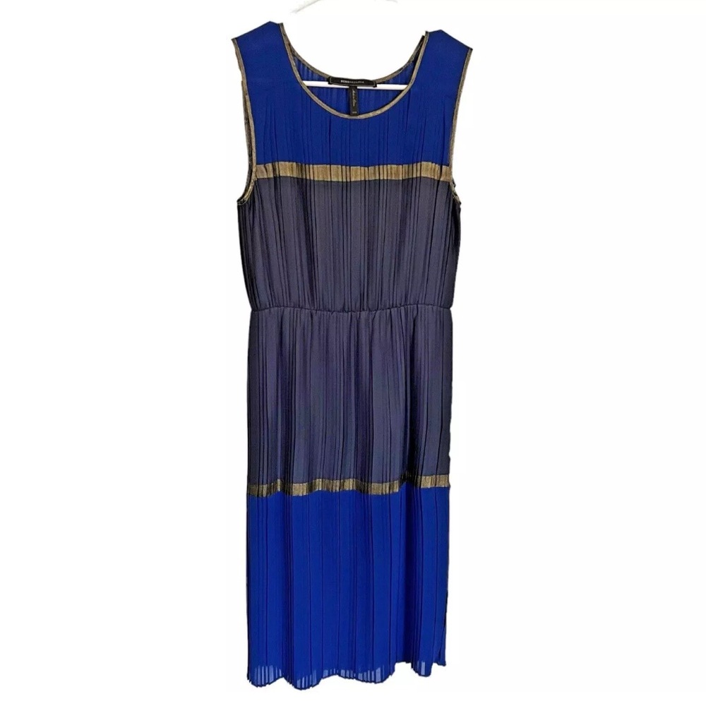 BCBG maxazaria colorblock Mara pleated midi dress in blue gold and navy, medium